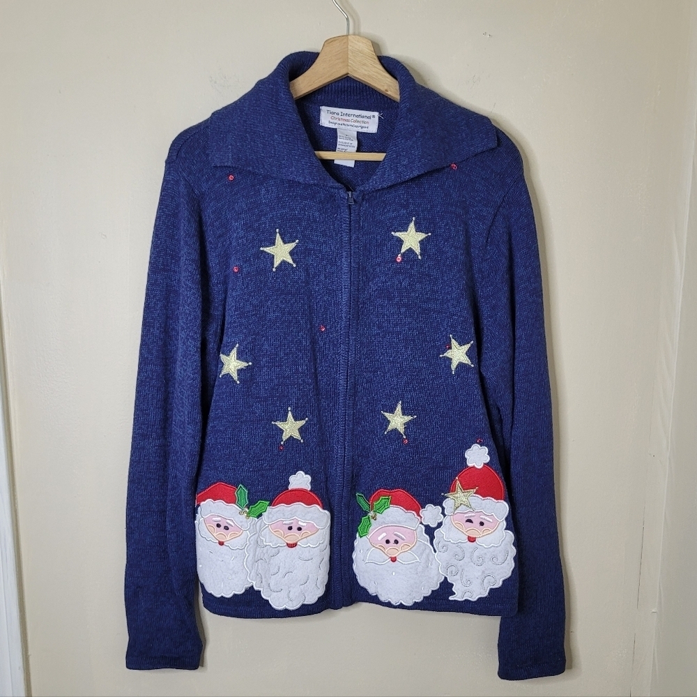 Tiara International Christmas Cardigan Sweater Full Zip Santa Claus Size XL - Picture 2 of 8